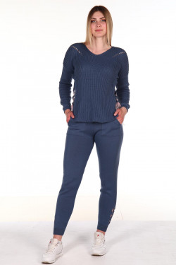 Костюмы-107-Костюм женский кофта брюки синий - фото 1
