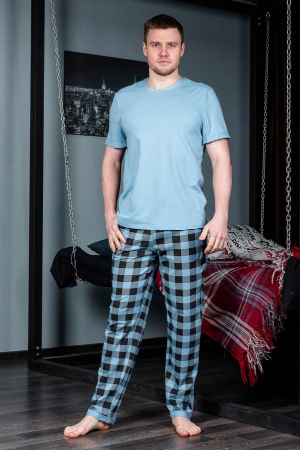 Пижама-108-Пижама мужская (футболка+брюки)  Голубой - фото 1